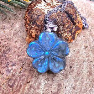 Nature Labradorite Carved Flashy Cherry Blossom Pendant Necklace